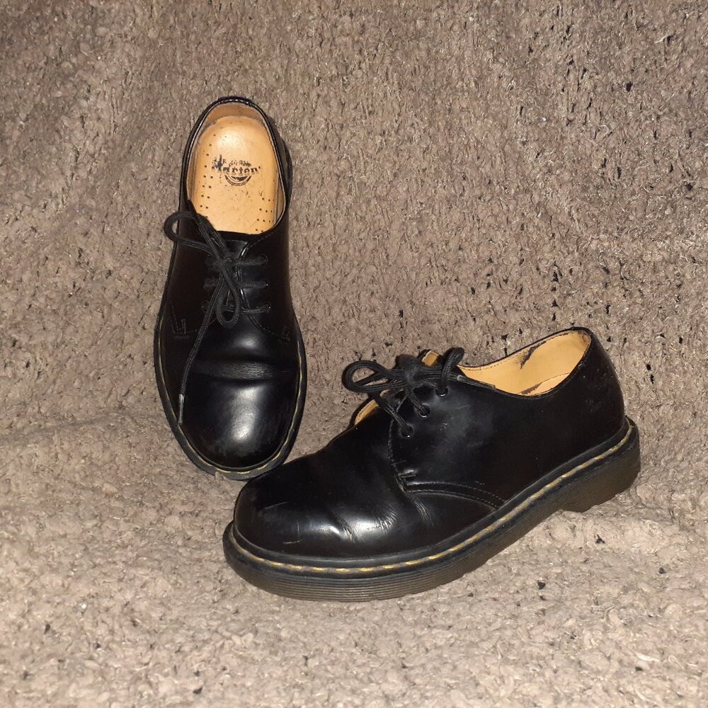 DR. MARTENS-DOCS-1461-AW004-Vintage-Black Smooth Shiny Leather-Sz 37/6-Very Good